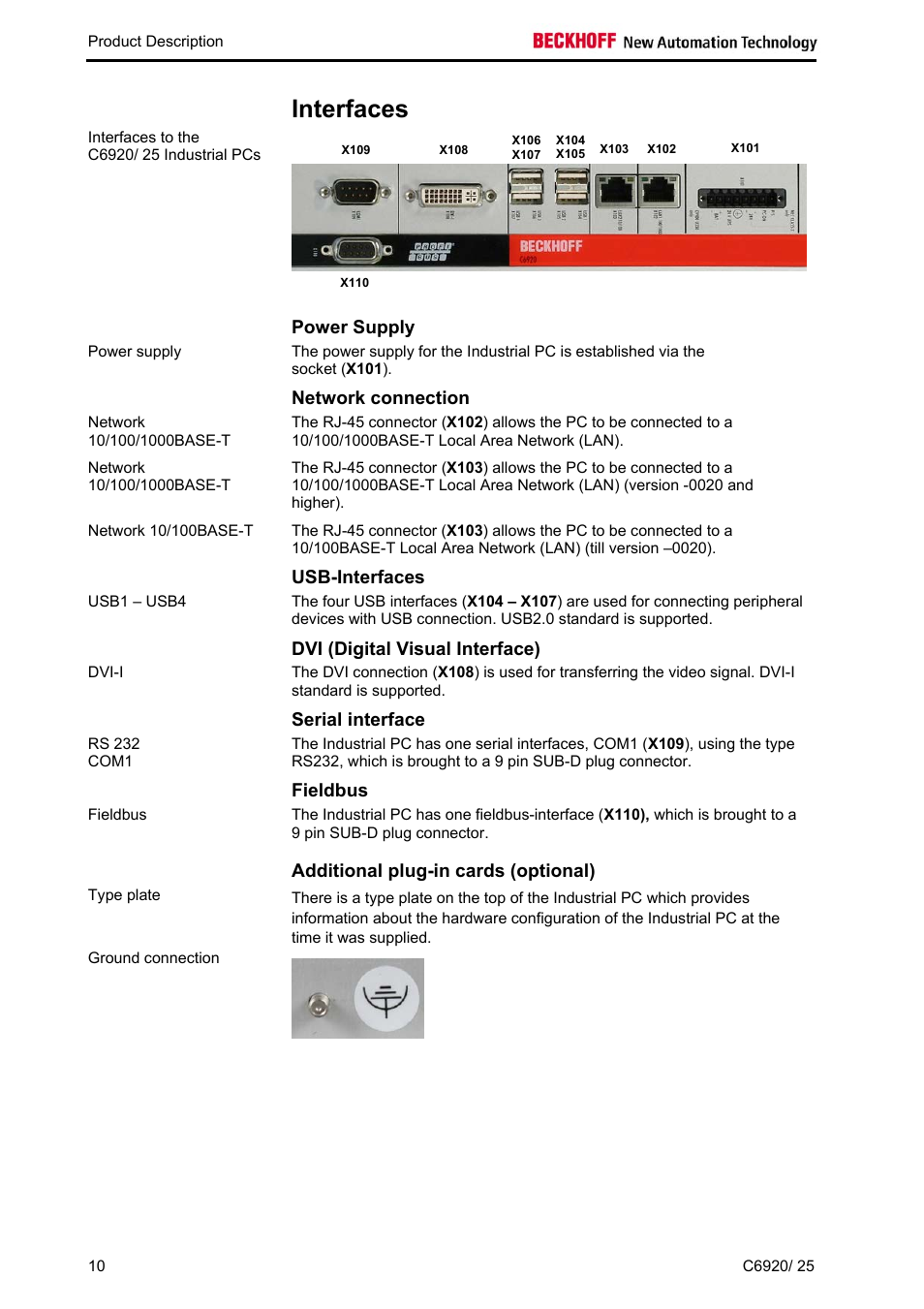 Interfaces, Power supply, Network connection | Usb-interfaces, Dvi (digital visual interface), Serial interface, Fieldbus, Additional plug-in cards (optional), Interfaces 10, Usb-interfaces 10 | BECKHOFF C6920 User Manual | Page 12 / 32