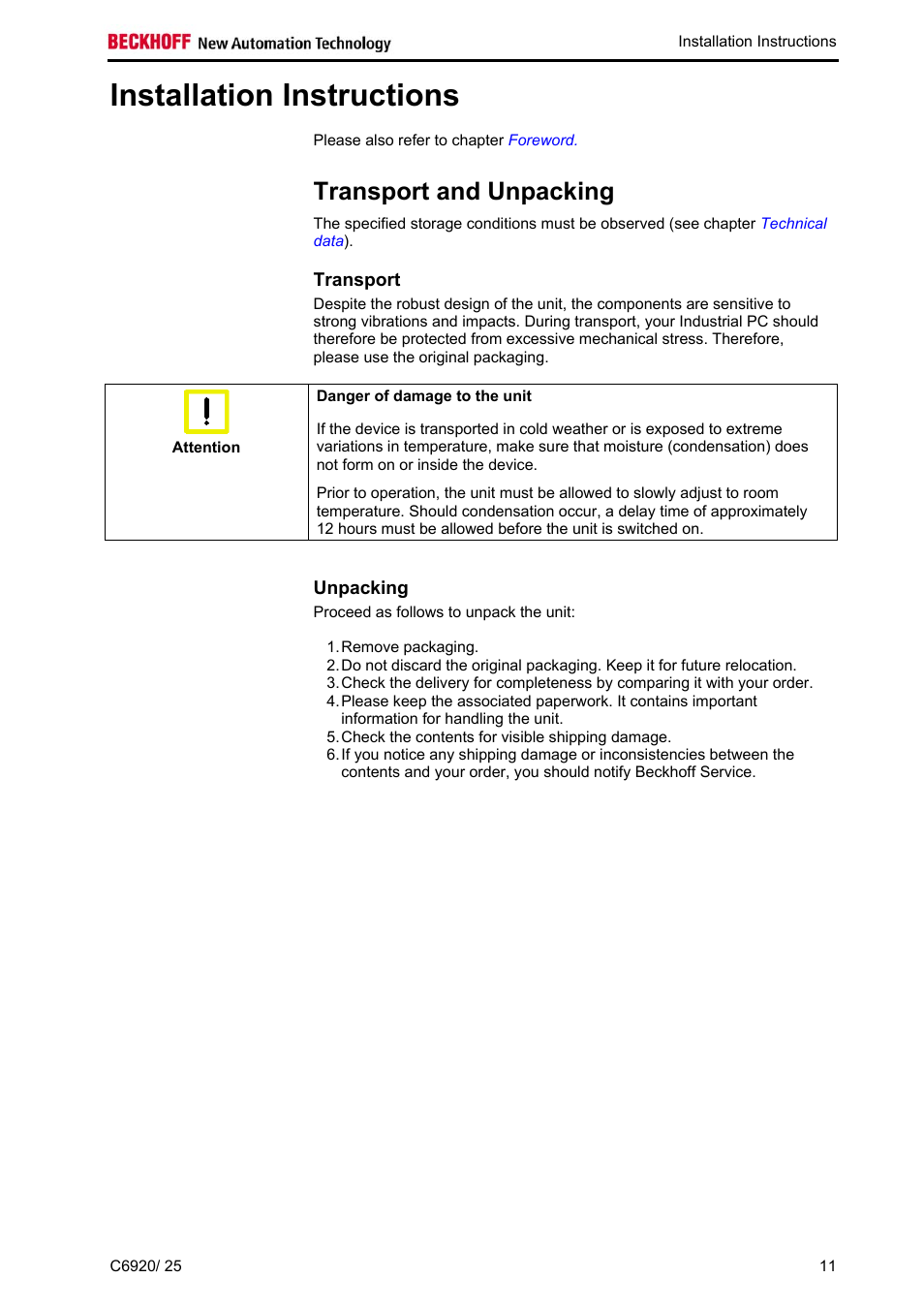 Installation instructions, Transport and unpacking, Transport | Unpacking, Unpacking 11 | BECKHOFF C6920 User Manual | Page 13 / 32