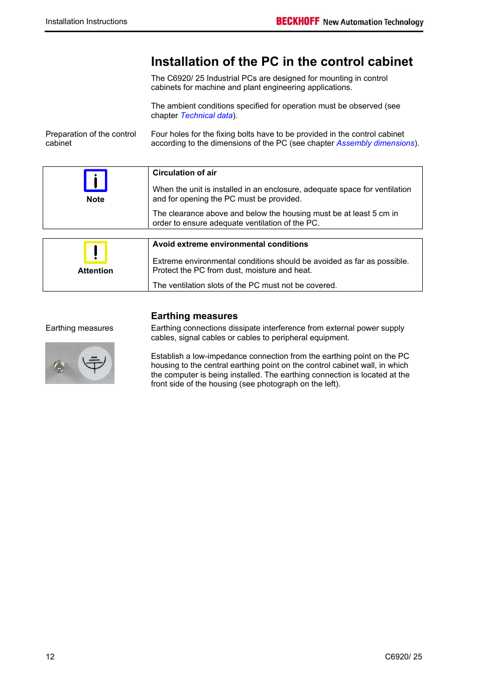 Installation of the pc in the control cabinet, Earthing measures | BECKHOFF C6920 User Manual | Page 14 / 32