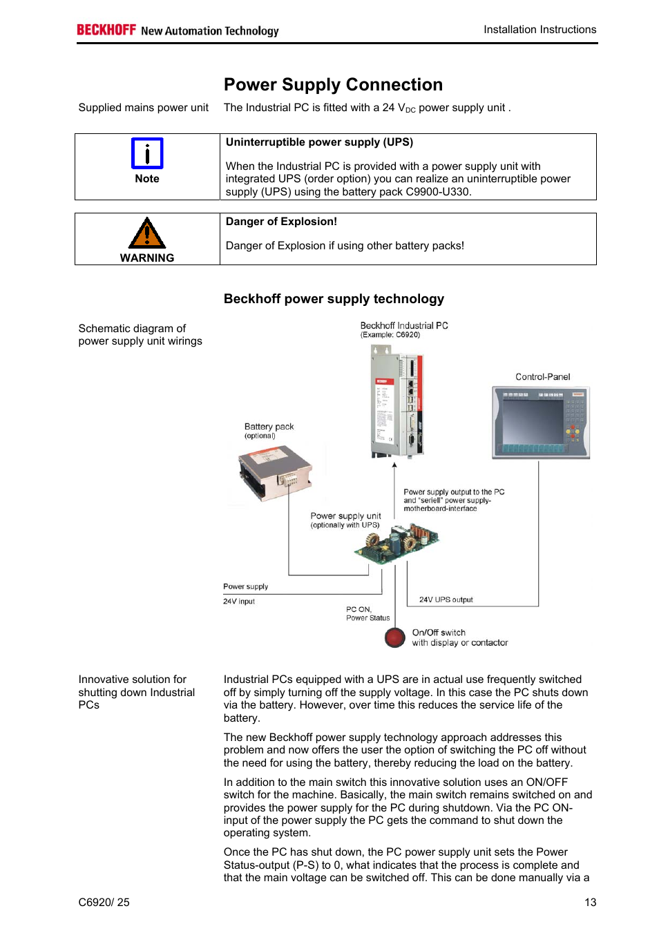 Power supply connection, Beckhoff power supply technology | BECKHOFF C6920 User Manual | Page 15 / 32