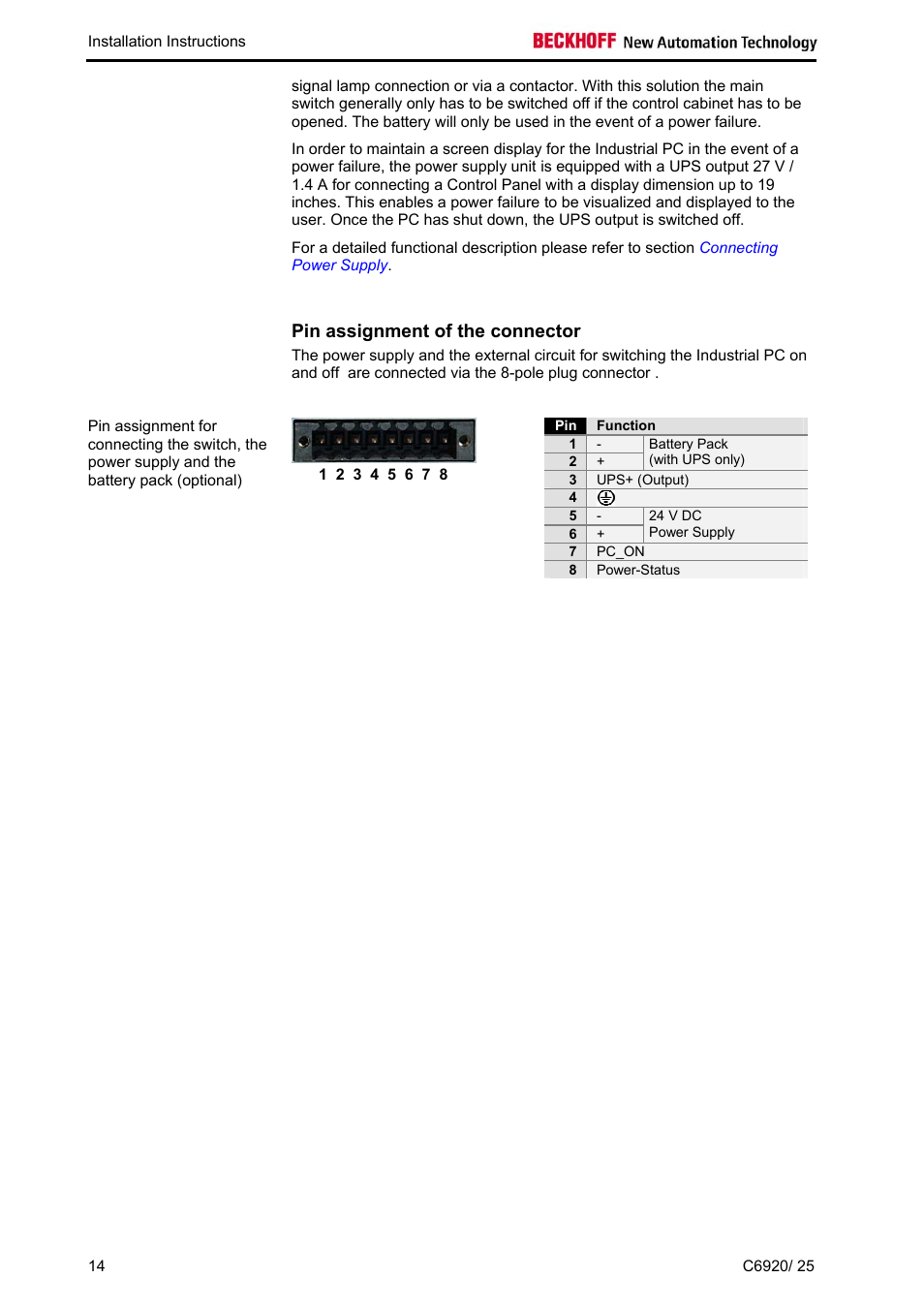 Pin assignment of the connector | BECKHOFF C6920 User Manual | Page 16 / 32