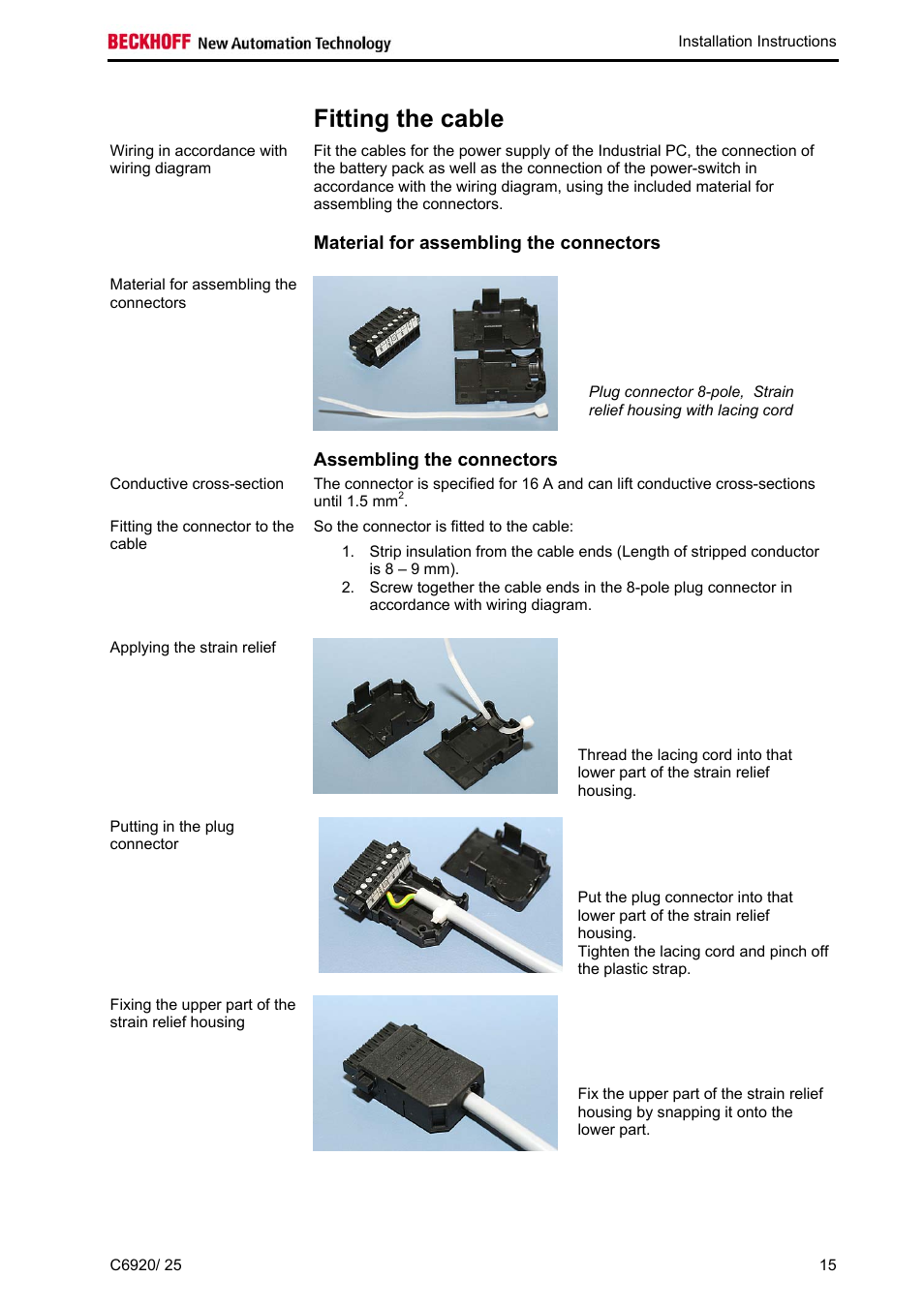 Fitting the cable, Material for assembling the connectors, Assembling the connectors | BECKHOFF C6920 User Manual | Page 17 / 32