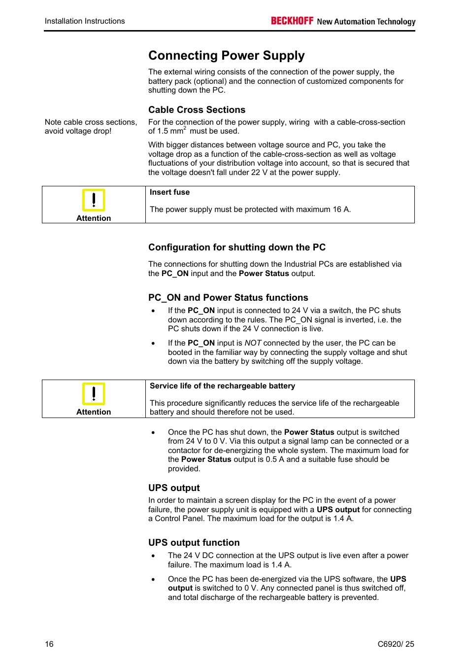 Connecting power supply, Cable cross sections, Configuration for shutting down the pc | Pc_on and power status functions, Ups output, Ups output function | BECKHOFF C6920 User Manual | Page 18 / 32