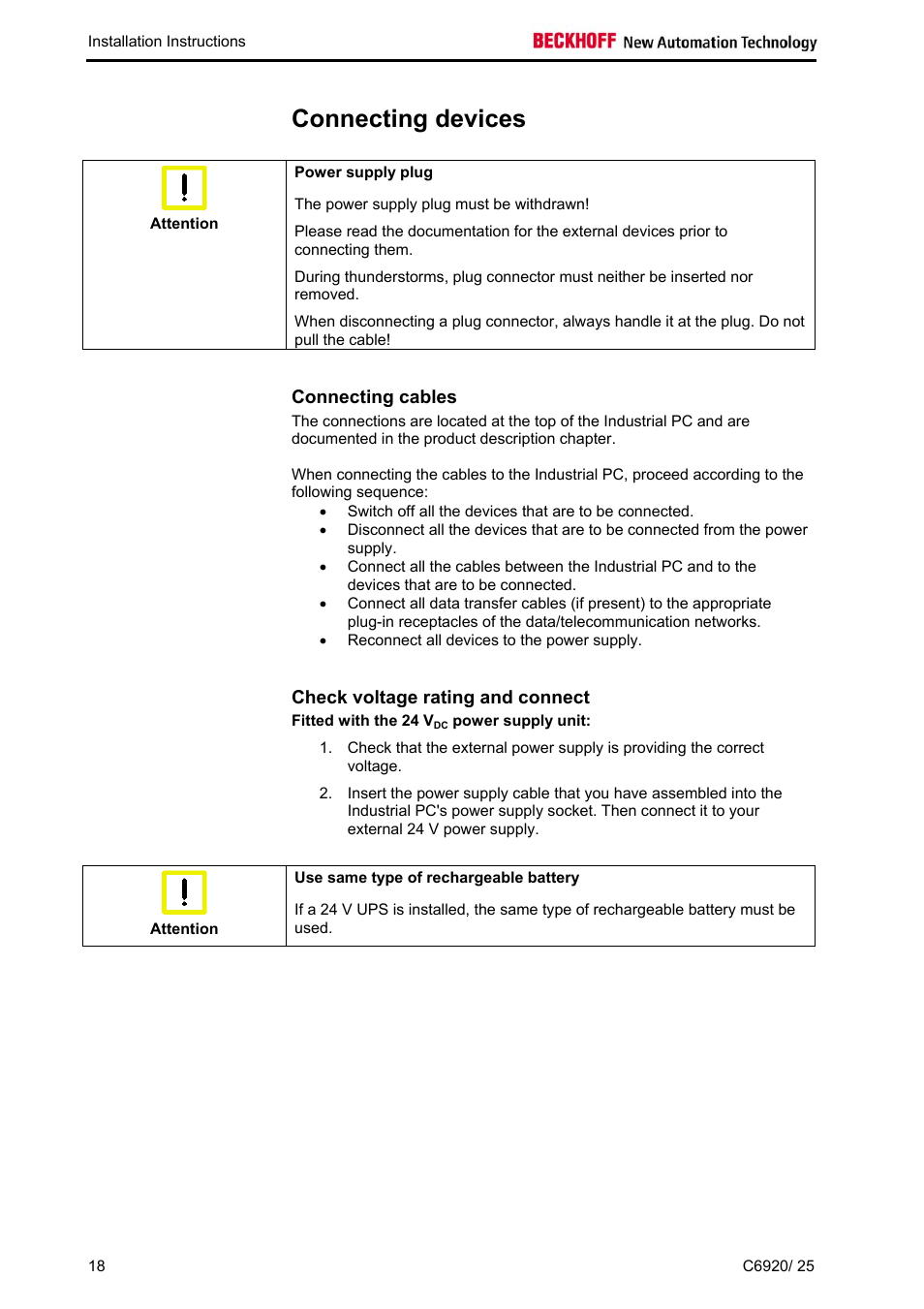 Connecting devices, Connecting cables, Check voltage rating and connect | BECKHOFF C6920 User Manual | Page 20 / 32