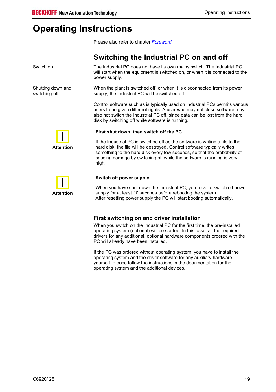 Operating instructions, Switching the industrial pc on and off, First switching on and driver installation | BECKHOFF C6920 User Manual | Page 21 / 32