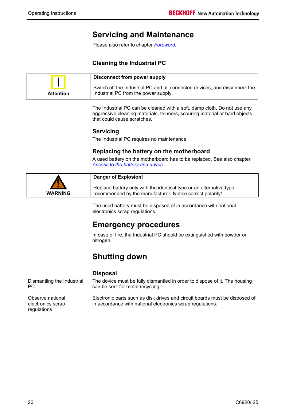 Servicing and maintenance, Cleaning the industrial pc, Servicing | Replacing the battery on the motherboard, Emergency procedures, Shutting down, Disposal | BECKHOFF C6920 User Manual | Page 22 / 32