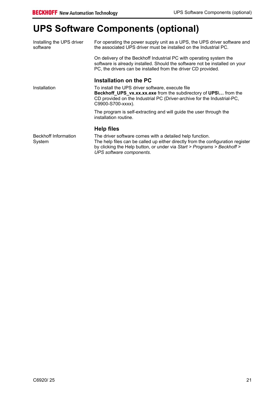 Ups software components (optional), Installation on the pc, Help files | BECKHOFF C6920 User Manual | Page 23 / 32