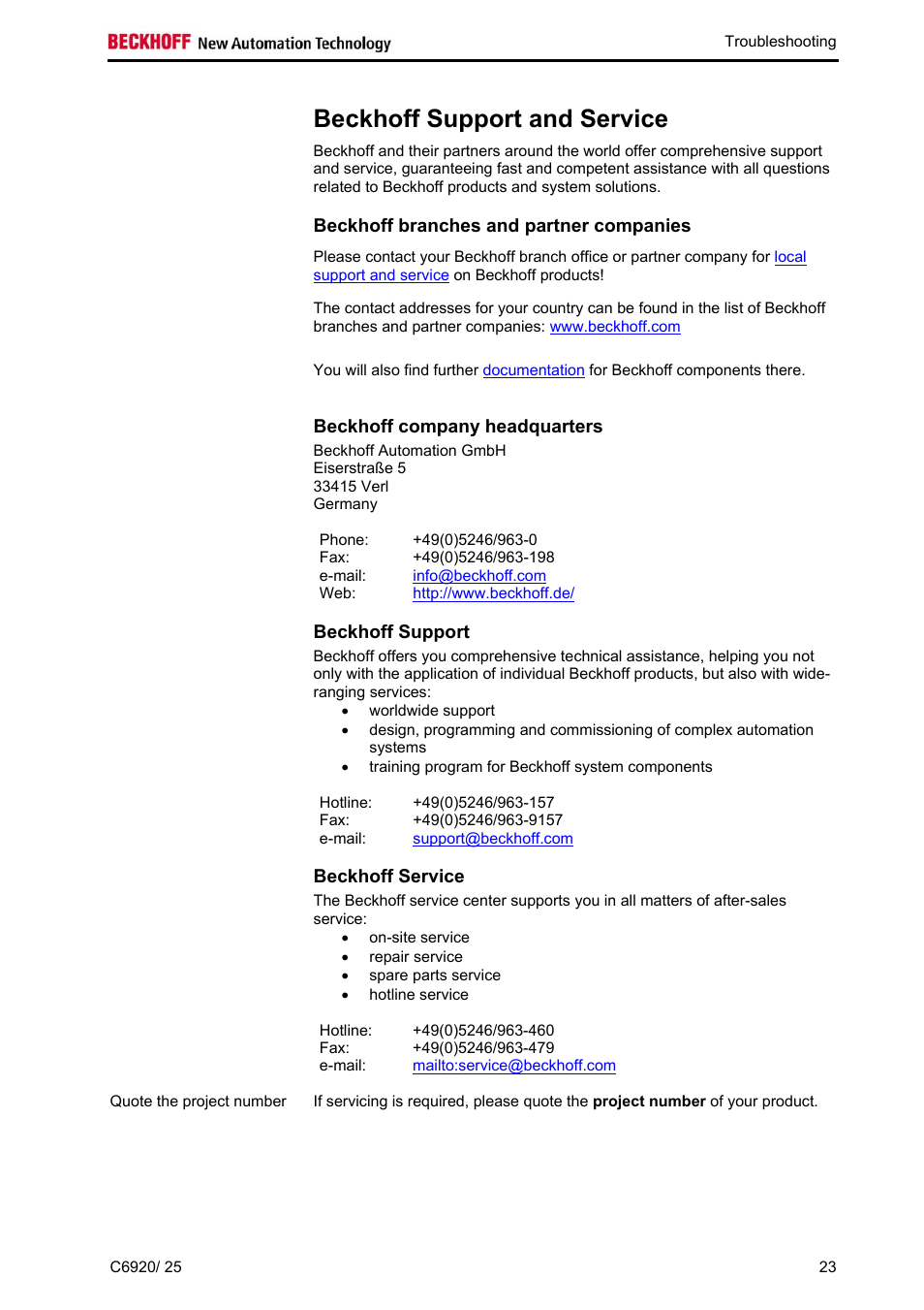 Beckhoff support and service, Beckhoff branches and partner companies, Beckhoff company headquarters | Beckhoff support, Beckhoff service | BECKHOFF C6920 User Manual | Page 25 / 32