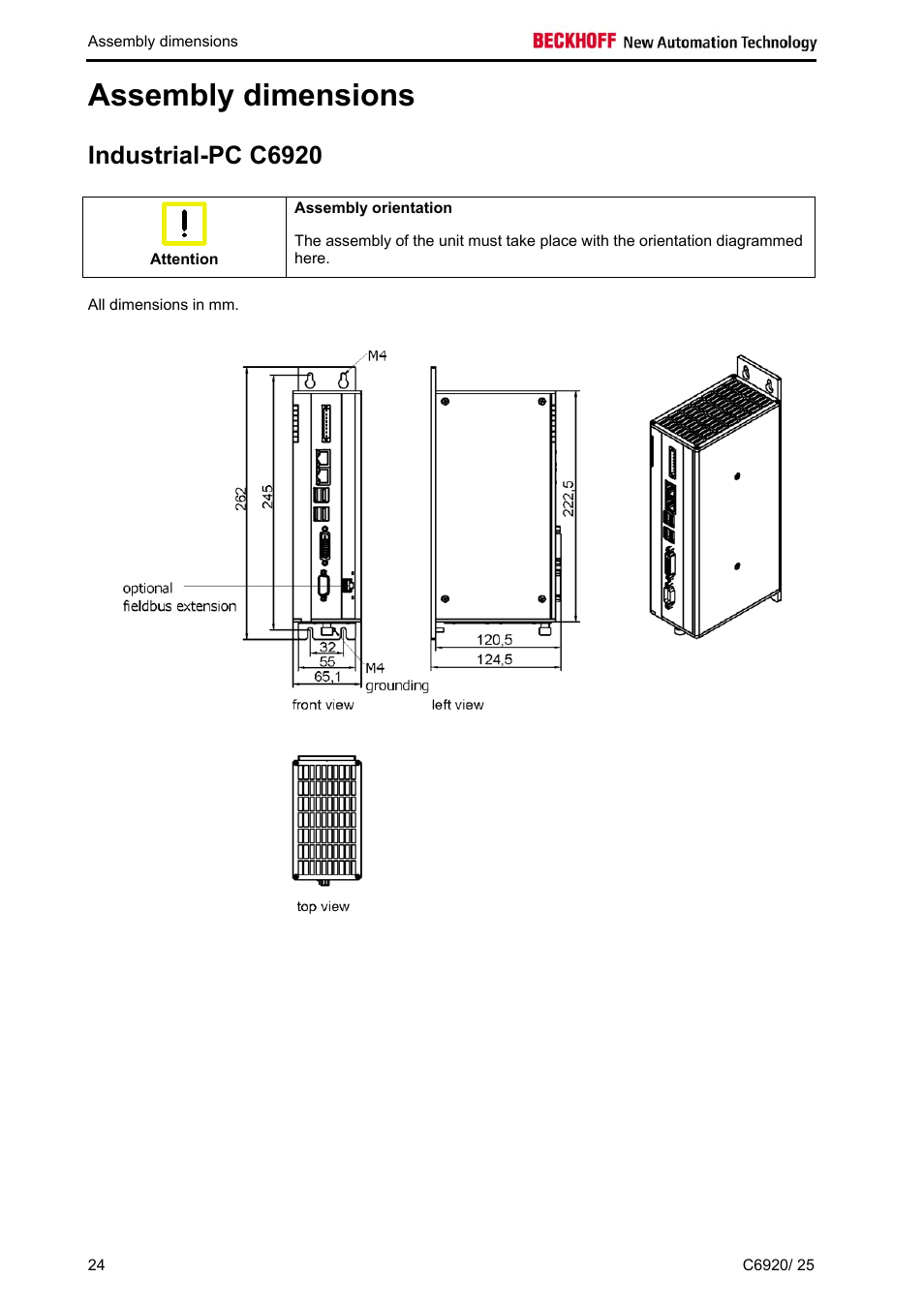 Assembly dimensions, Industrial-pc c6920, Chapter | BECKHOFF C6920 User Manual | Page 26 / 32