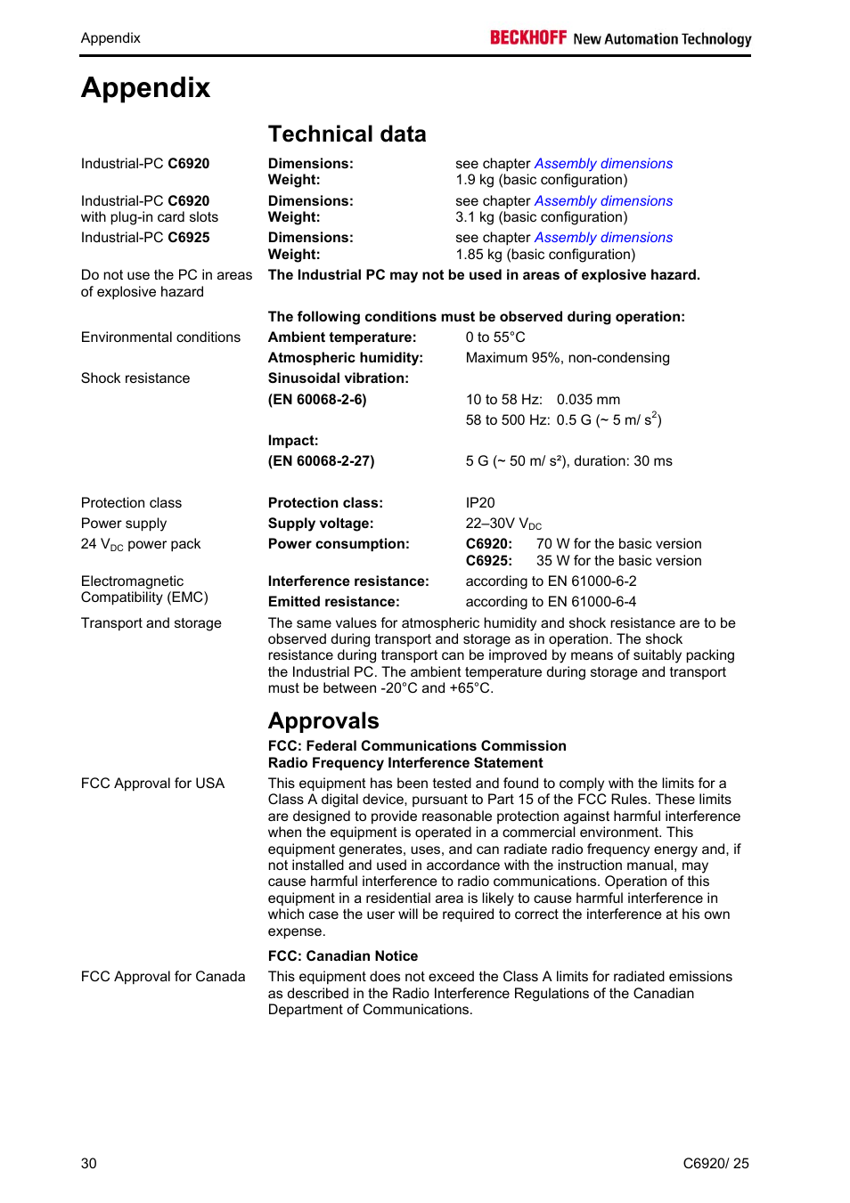 Appendix, Technical data, Approvals | Fcc: canadian notice, Appendix 30, Approvals 30, Must be observed (see chapter, Technical, Data | BECKHOFF C6920 User Manual | Page 32 / 32