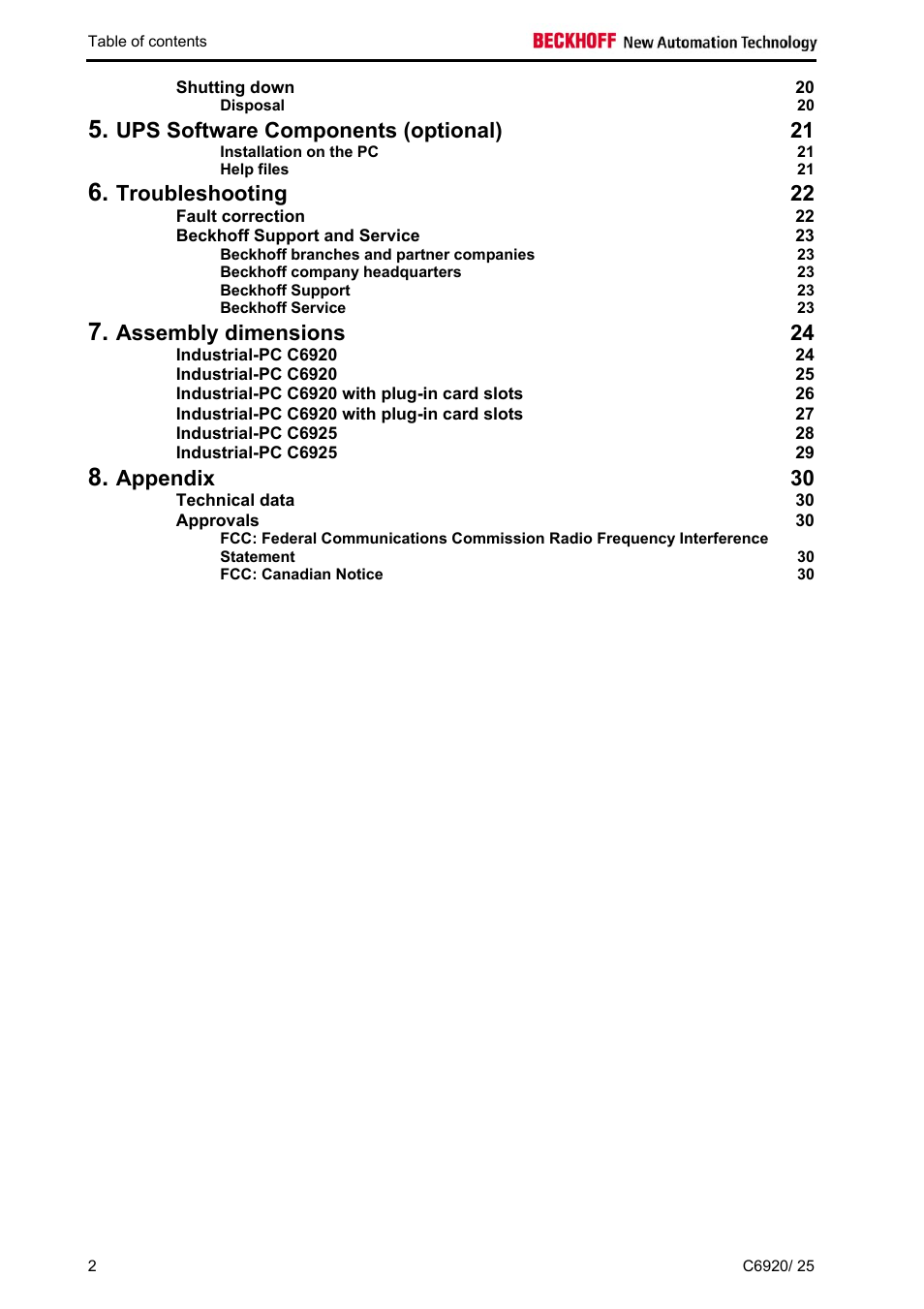 Ups software components (optional) 21, Troubleshooting 22, Assembly dimensions 24 | Appendix 30 | BECKHOFF C6920 User Manual | Page 4 / 32