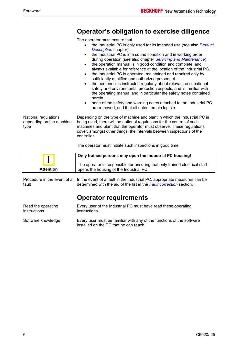 Operator’s obligation to exercise diligence, Operator requirements | BECKHOFF C6920 User Manual | Page 8 / 32