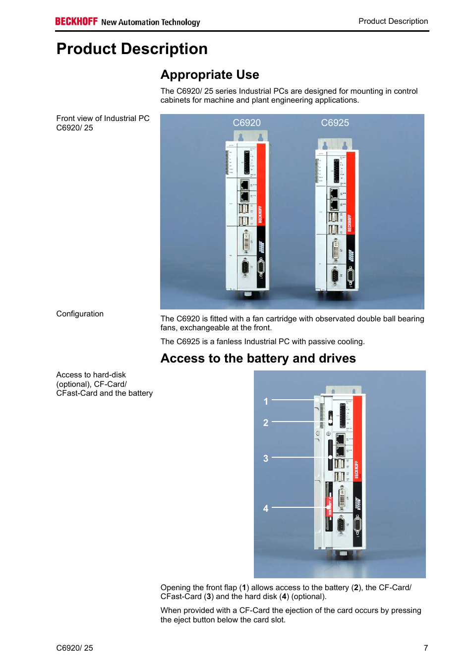 Product description, Appropriate use, Access to the battery and drives | Product, Description, Chapter) | BECKHOFF C6920 User Manual | Page 9 / 32