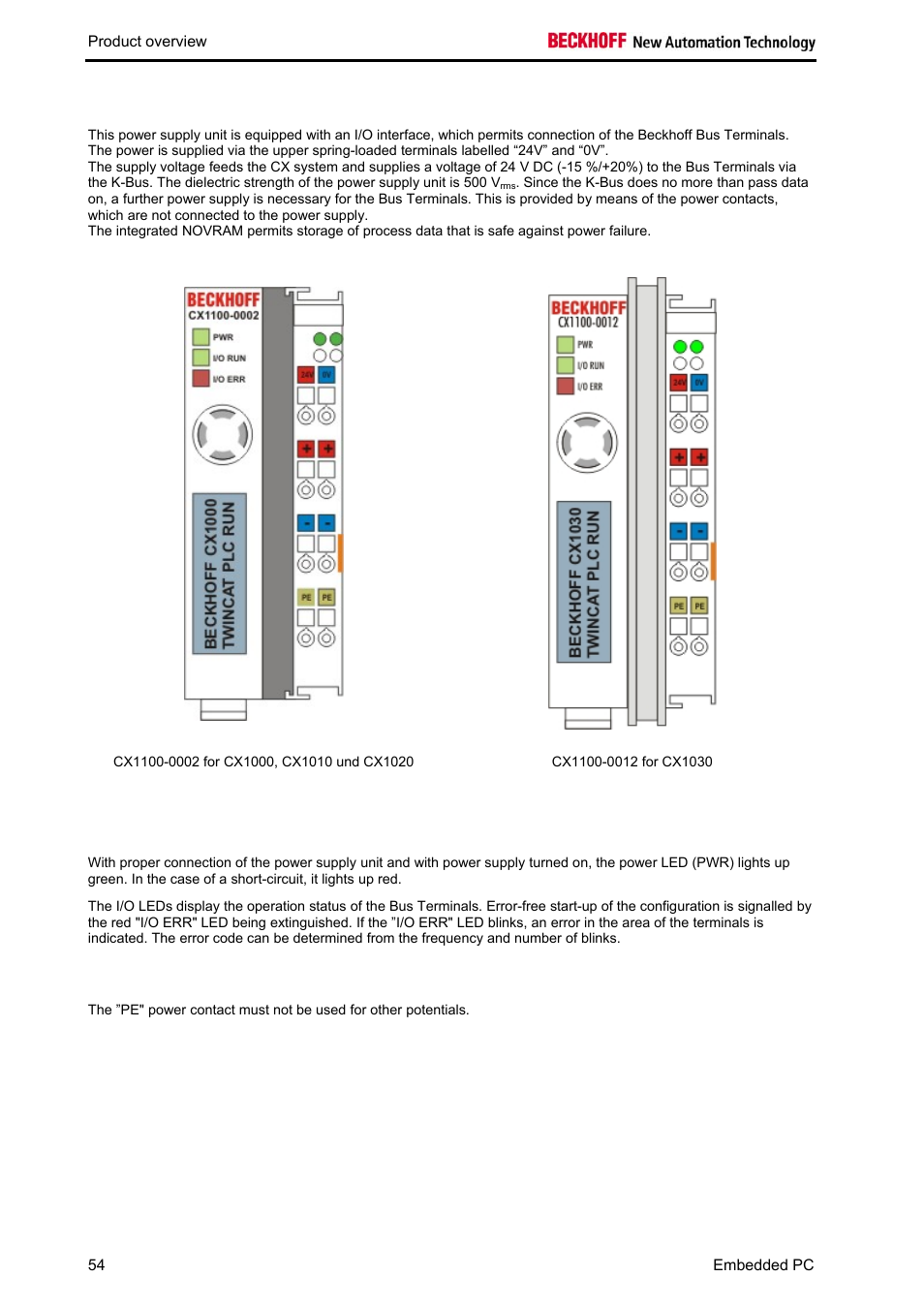 Pe power contacts | BECKHOFF CX1020 User Manual | Page 56 / 123