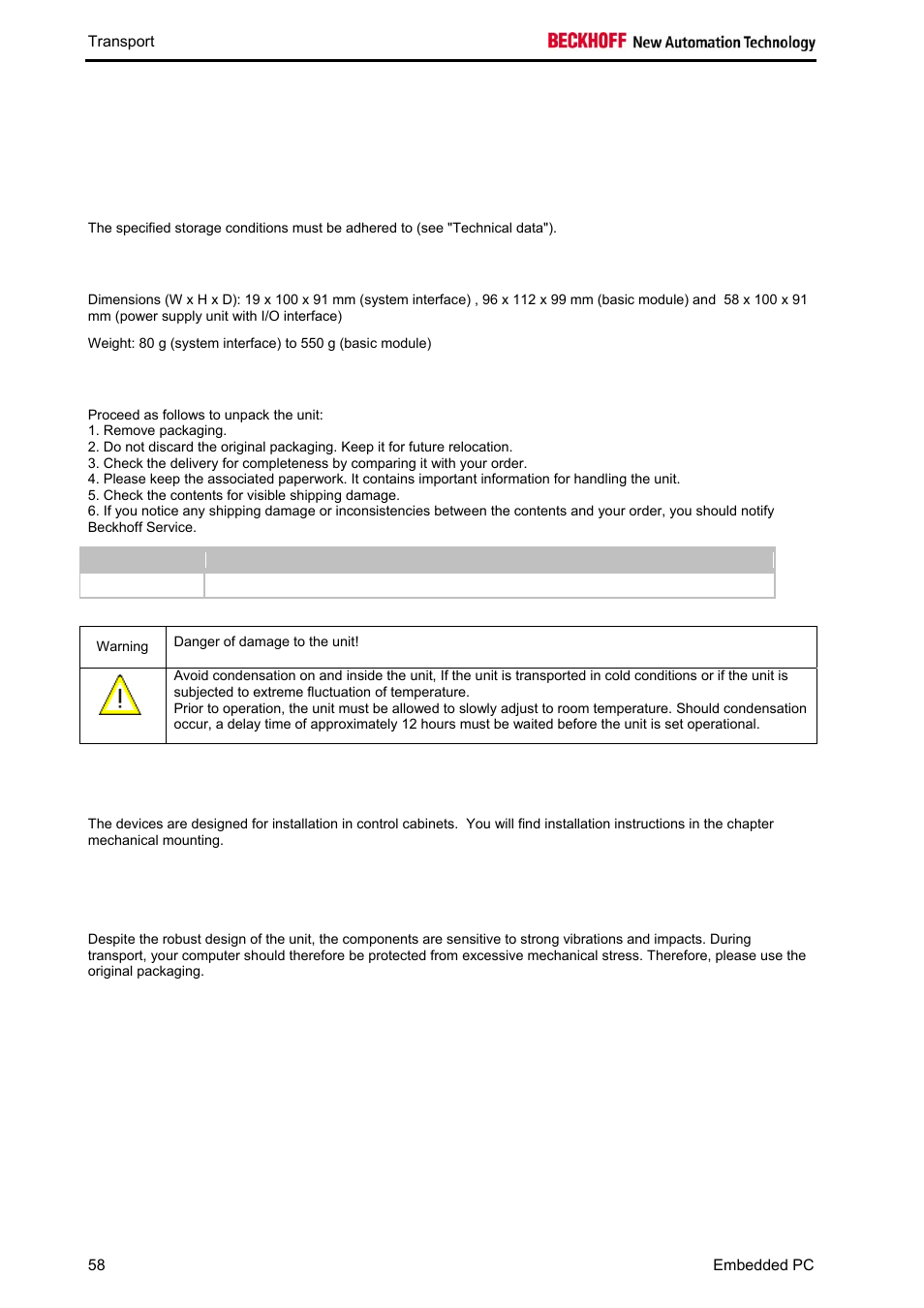 Transport, Unpacking, installation and transport | BECKHOFF CX1020 User Manual | Page 60 / 123