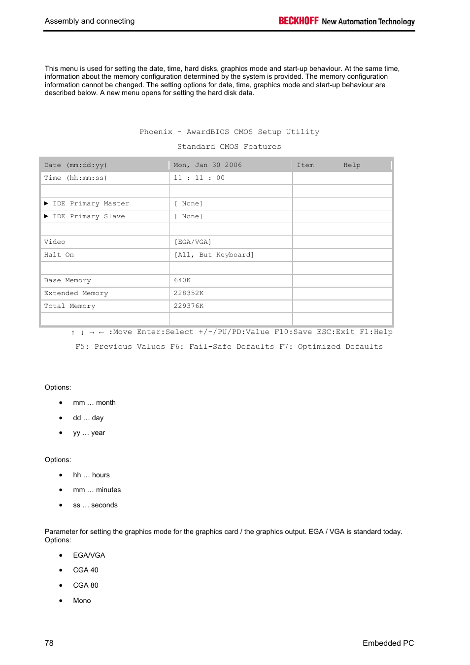 Standard cmos features | BECKHOFF CX1020 User Manual | Page 80 / 123