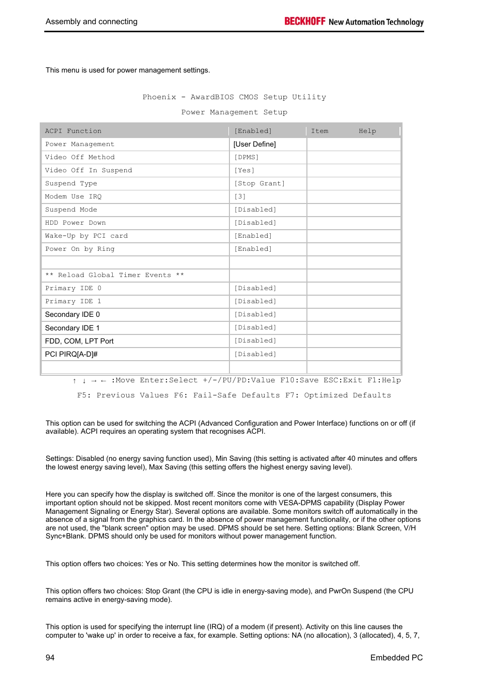 Power management setup | BECKHOFF CX1020 User Manual | Page 96 / 123