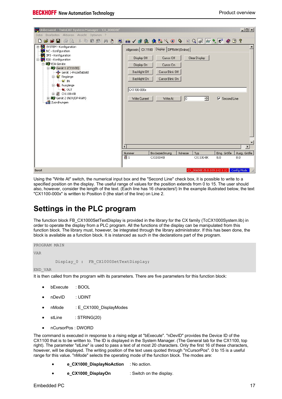 Settings in the plc program | BECKHOFF CX1100-000x User Manual | Page 19 / 66