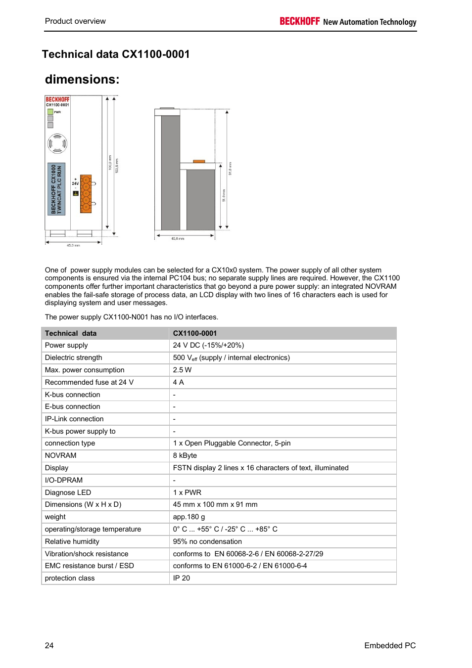 Dimensions | BECKHOFF CX1100-000x User Manual | Page 26 / 66