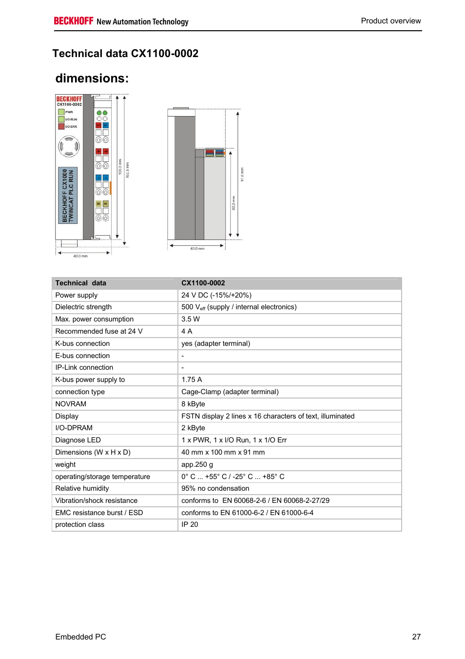 Dimensions | BECKHOFF CX1100-000x User Manual | Page 29 / 66