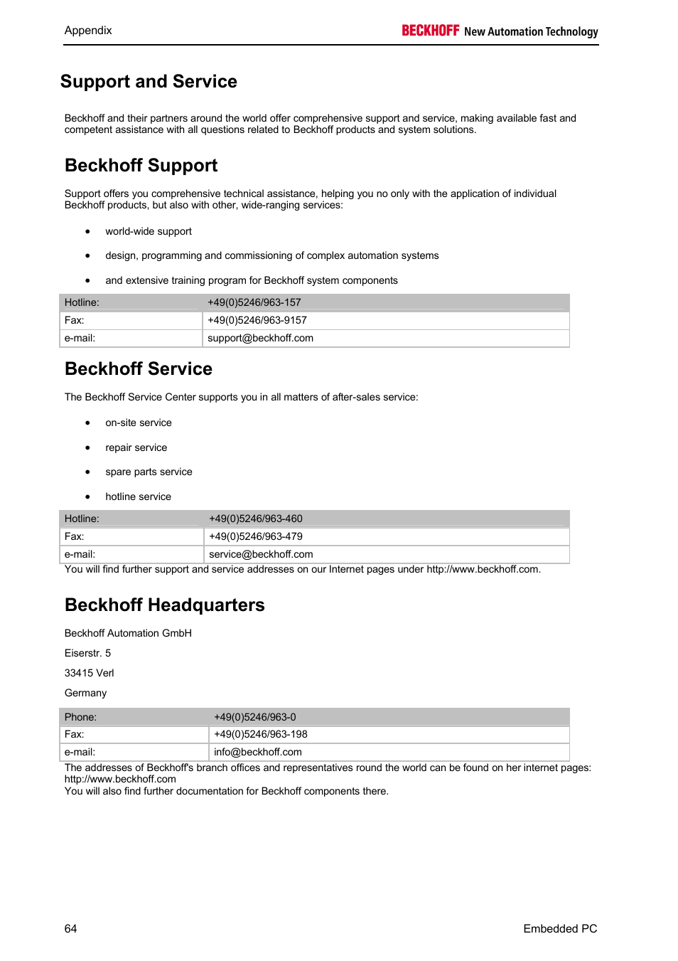 Support and service, Beckhoff support, Beckhoff service | Beckhoff headquarters | BECKHOFF CX1100-000x User Manual | Page 66 / 66