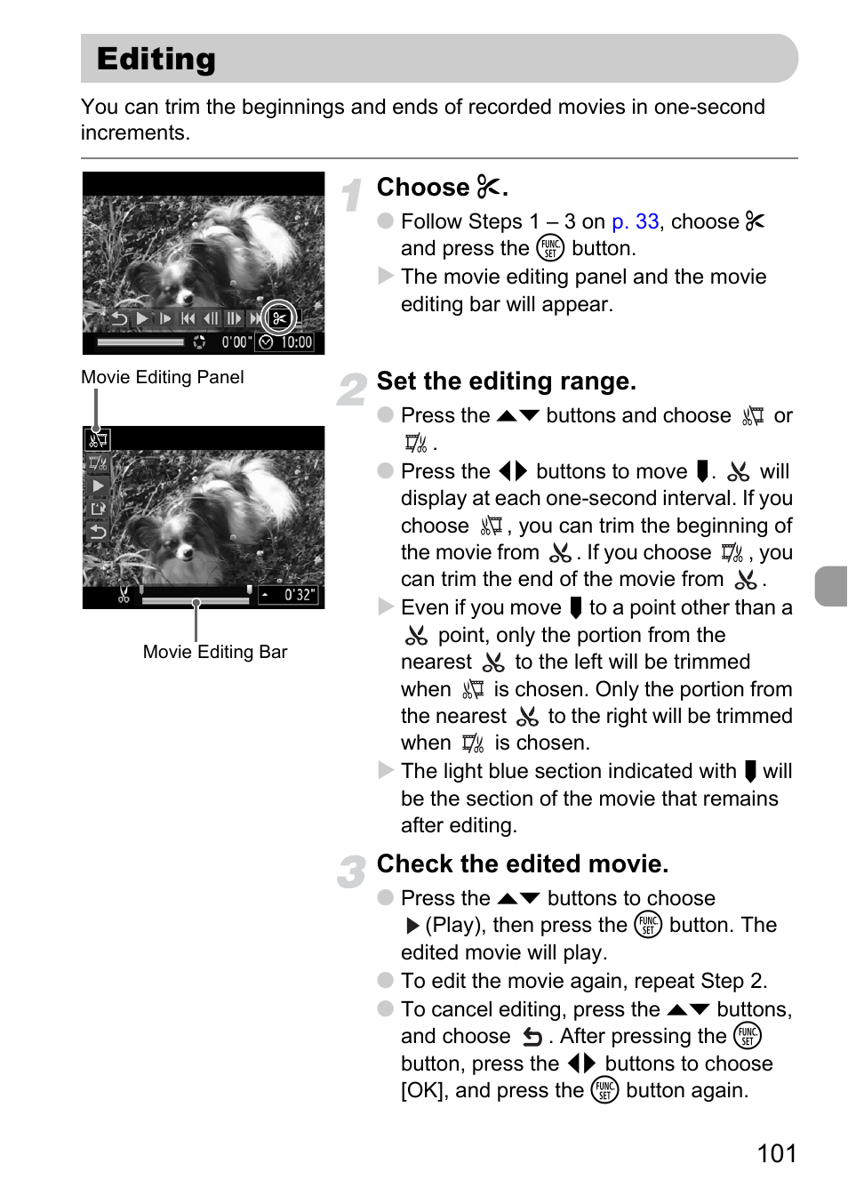 Editing, Edit, P. 101) | Choose, Set the editing range, Check the edited movie | Canon IXUS 120 IS User Manual | Page 101 / 161