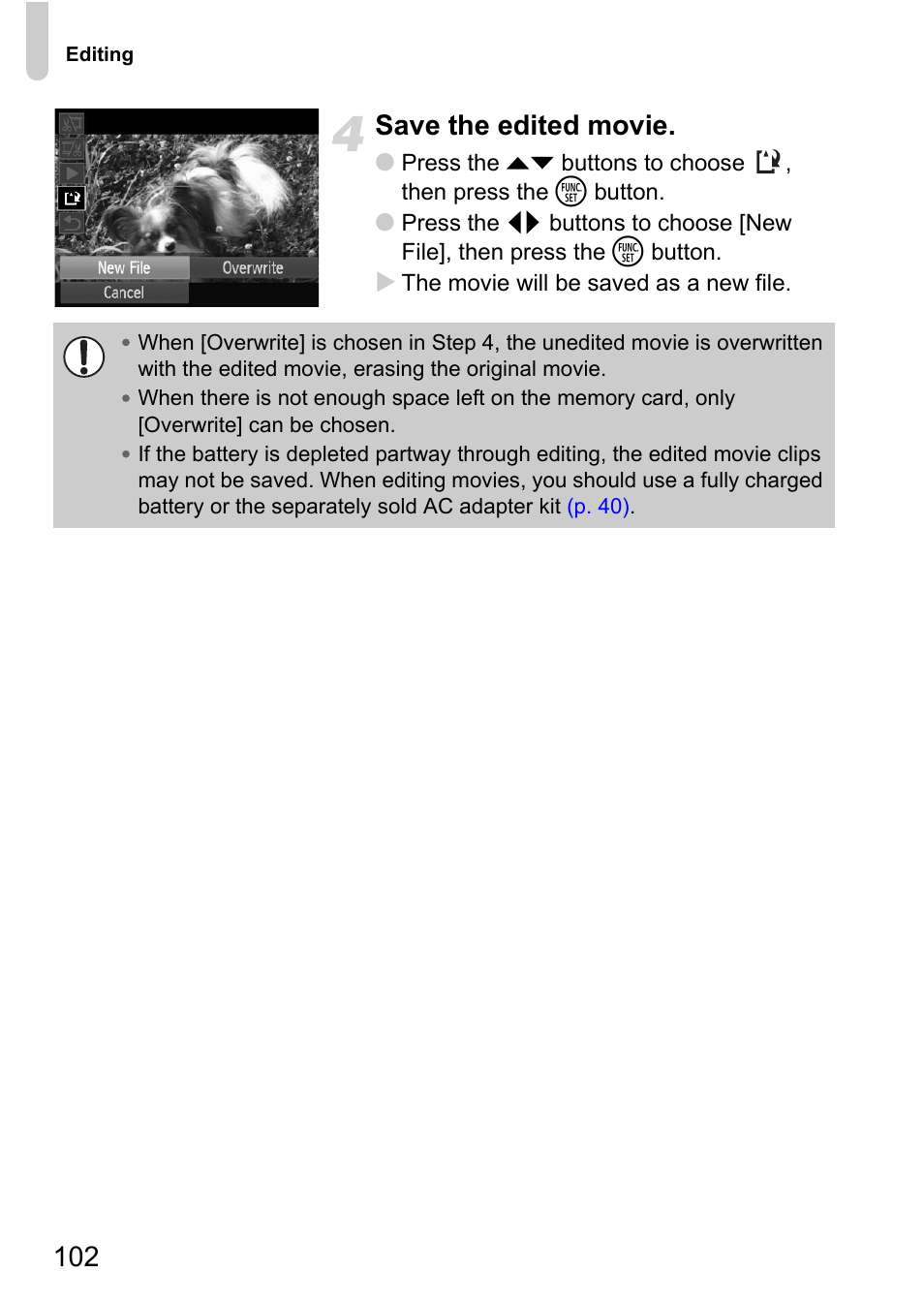 102 save the edited movie | Canon IXUS 120 IS User Manual | Page 102 / 161