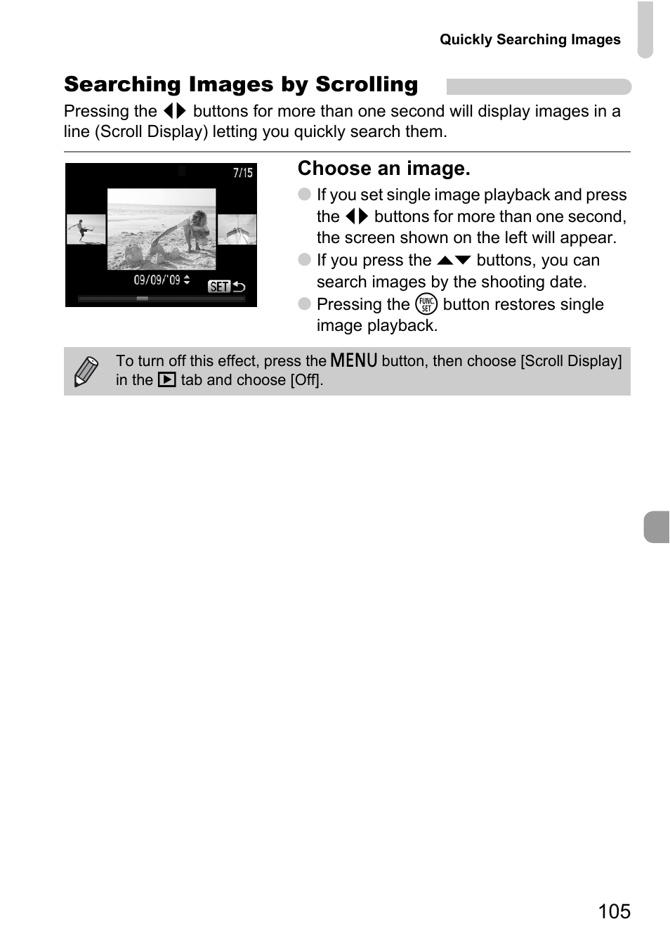 Searching images by scrolling, Choose an image | Canon IXUS 120 IS User Manual | Page 105 / 161