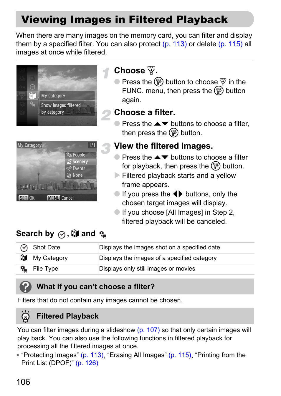 Viewing images in filtered playback, Viewing images, In filtered playback | P. 106), Choose, Choose a filter, View the filtered images | Canon IXUS 120 IS User Manual | Page 106 / 161