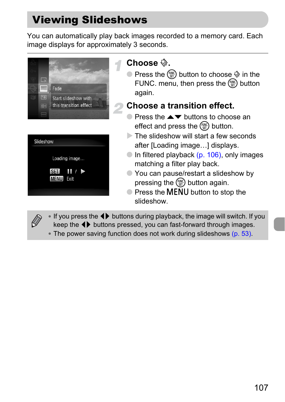Viewing slideshows, P. 107), Choose | Choose a transition effect | Canon IXUS 120 IS User Manual | Page 107 / 161