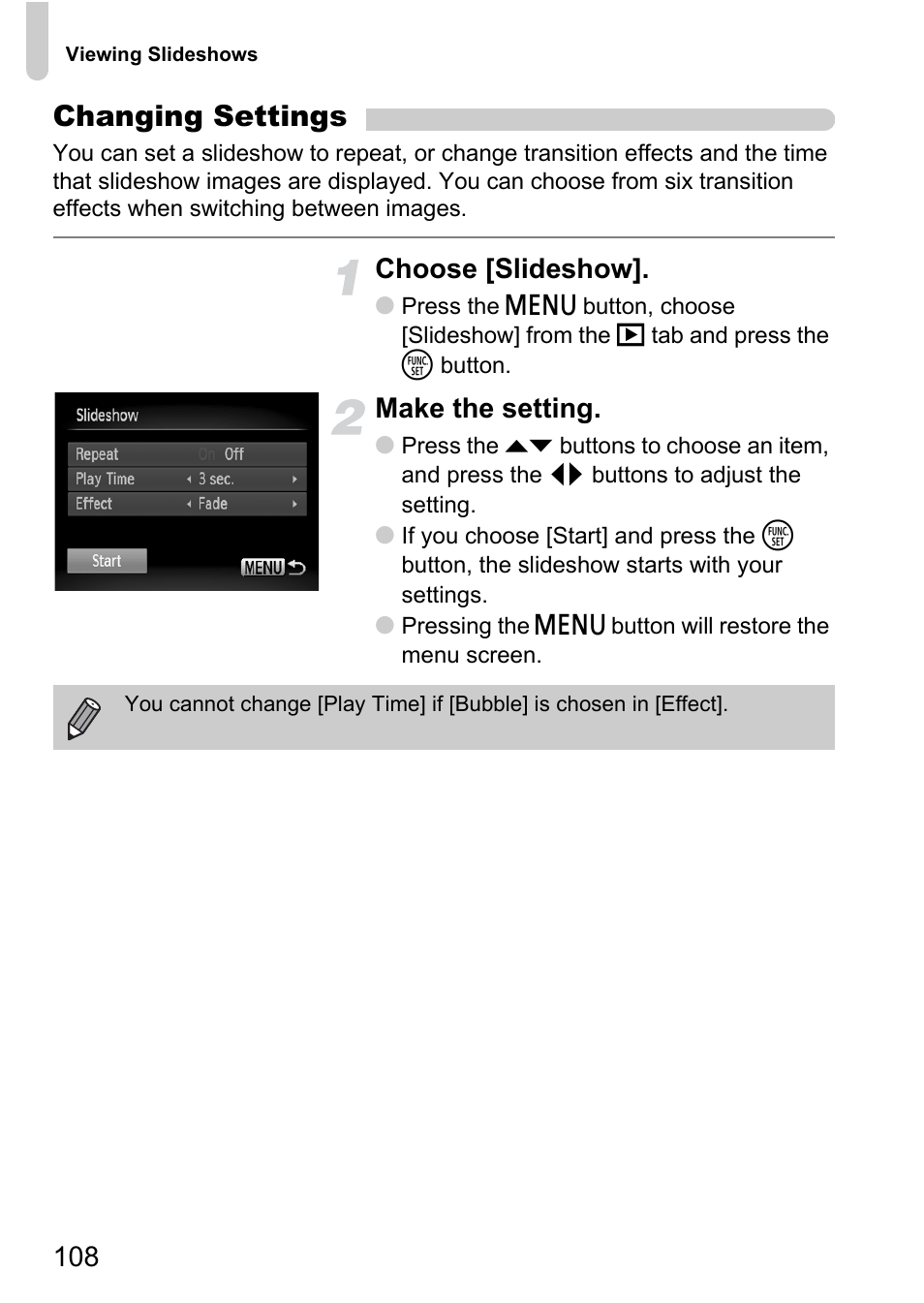 Changing settings, Choose [slideshow, Make the setting | Canon IXUS 120 IS User Manual | Page 108 / 161