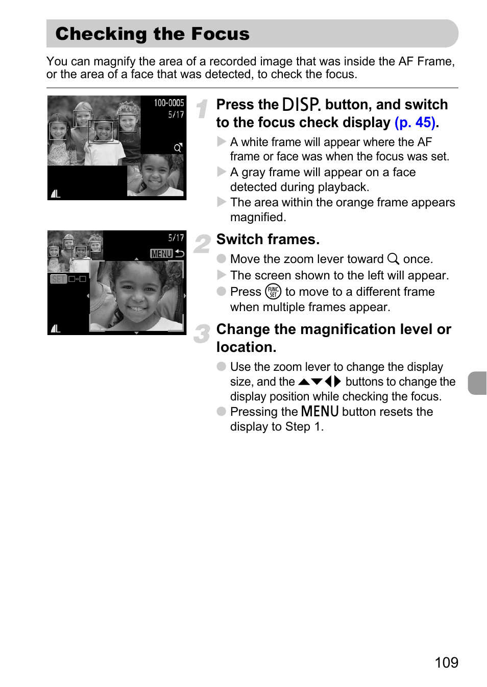 Checking the focus, P. 109) | Canon IXUS 120 IS User Manual | Page 109 / 161