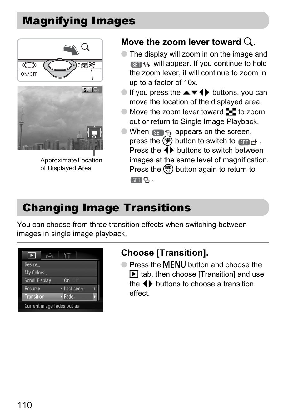 Magnifying images, Changing image transitions, Magnifying images changing image transitions | Magnify), P. 110), Tions, 110 move the zoom lever toward k, Choose [transition | Canon IXUS 120 IS User Manual | Page 110 / 161