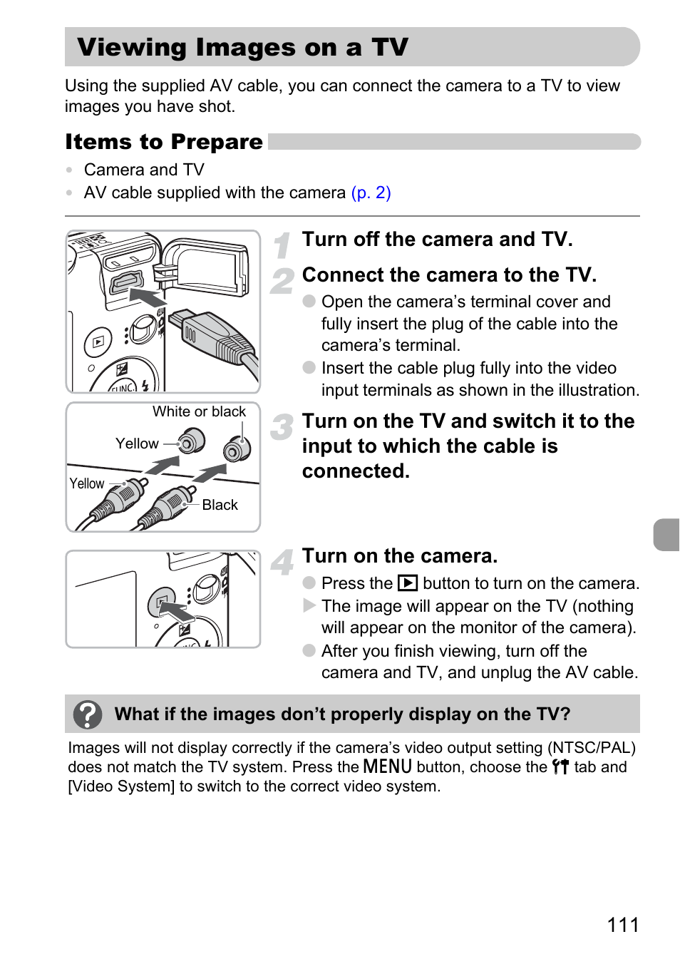 Viewing images on a tv, P. 111), A tv | Items to prepare | Canon IXUS 120 IS User Manual | Page 111 / 161