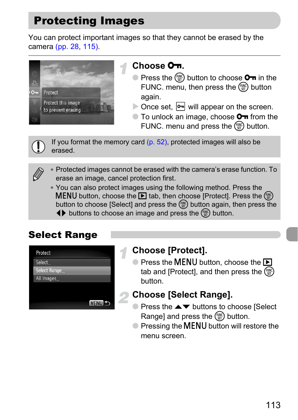 Protecting images, P. 113), Select range | Choose, Choose [protect, Choose [select range | Canon IXUS 120 IS User Manual | Page 113 / 161