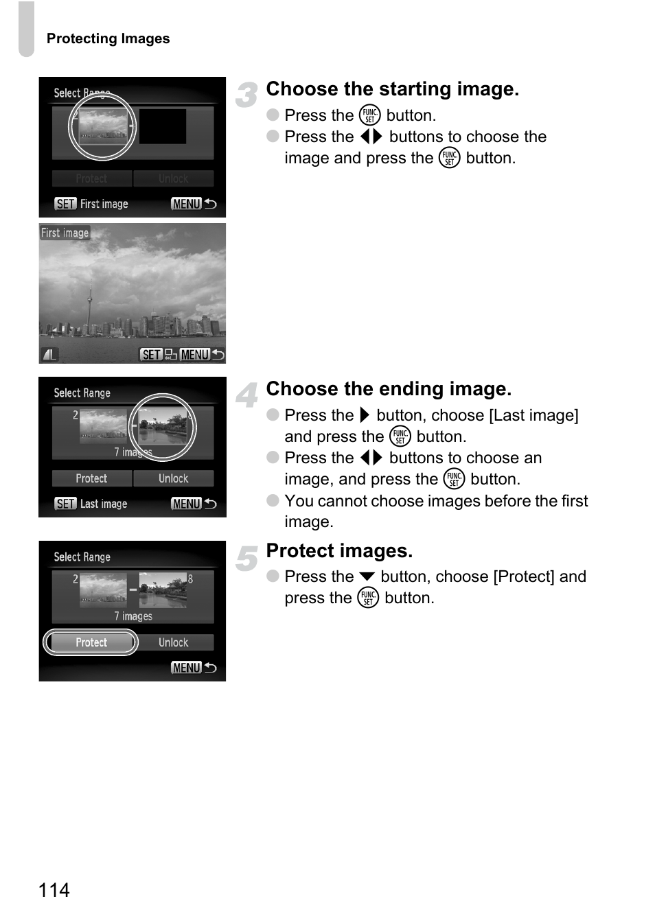 114 choose the starting image, Choose the ending image, Protect images | Canon IXUS 120 IS User Manual | Page 114 / 161