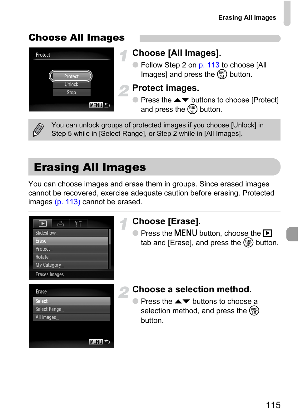 Erasing all images, P. 115), Choose all images | Choose [all images, Protect images, Choose [erase, Choose a selection method | Canon IXUS 120 IS User Manual | Page 115 / 161