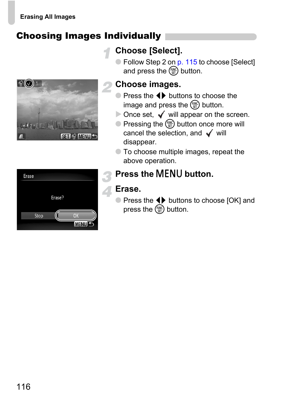 Choosing images individually, Choose [select, Choose images | Press the n button. erase | Canon IXUS 120 IS User Manual | Page 116 / 161