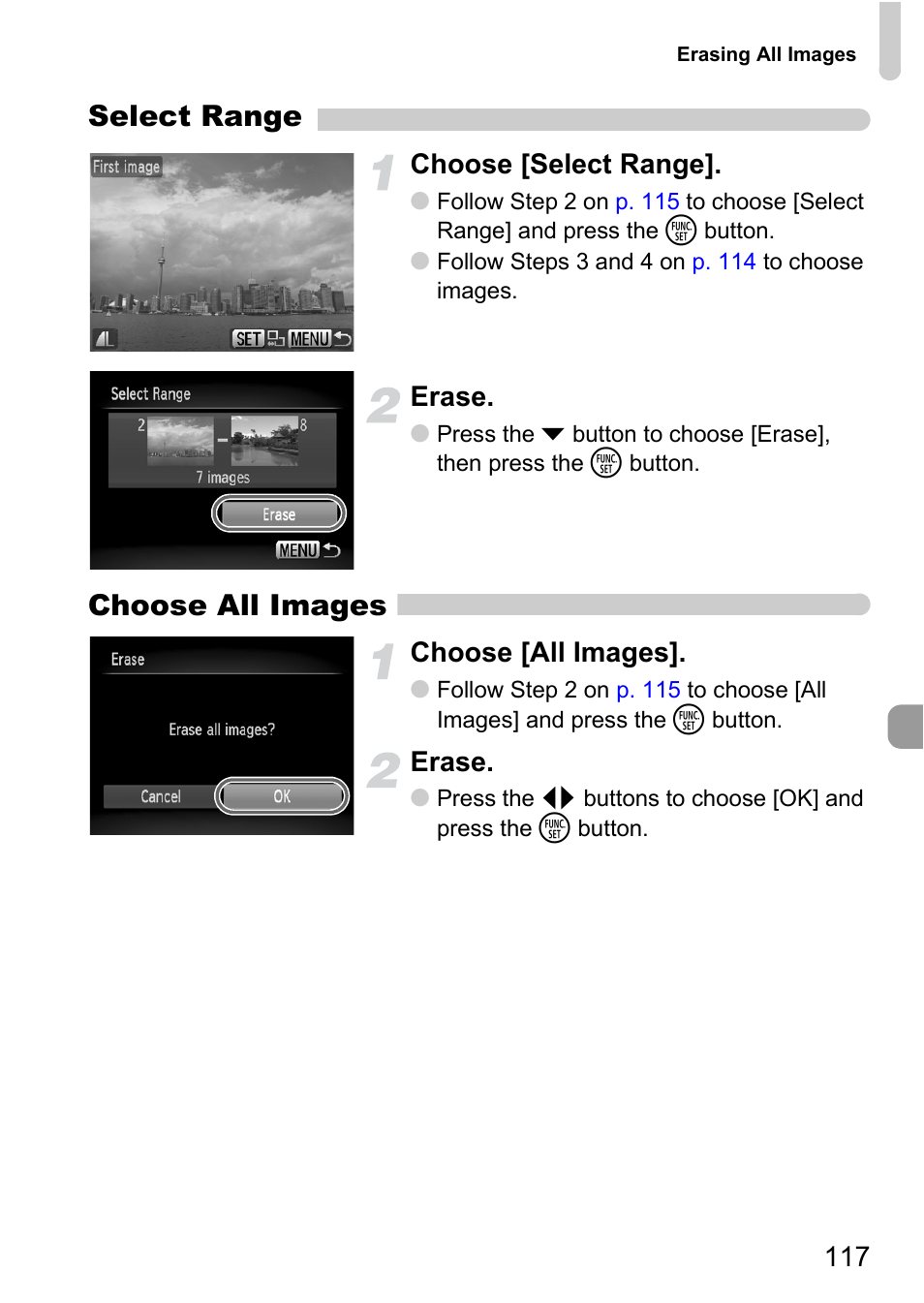 Select range, Choose all images, Choose [select range | Erase, Choose [all images | Canon IXUS 120 IS User Manual | Page 117 / 161