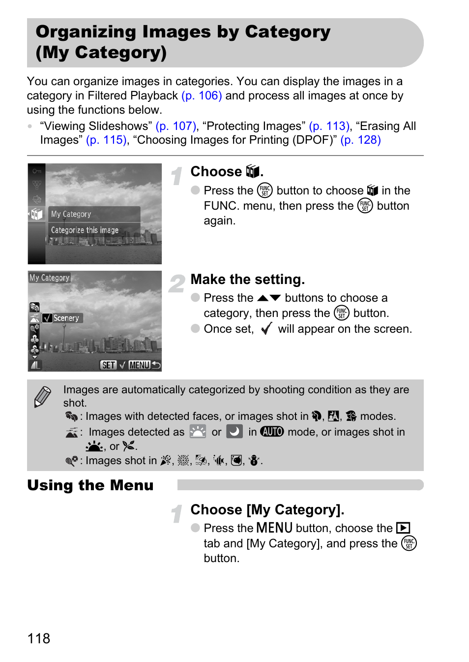 Organizing images by category (my category), Organizing images by category, My category) | P. 118), Using the menu, Choose, Make the setting, Choose [my category | Canon IXUS 120 IS User Manual | Page 118 / 161