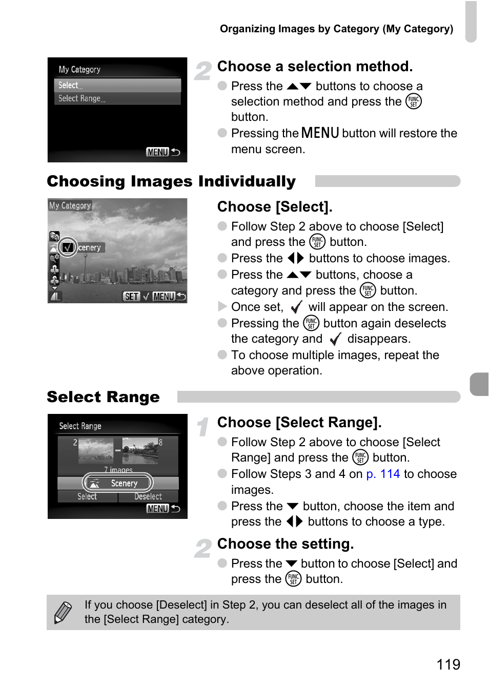 Choosing images individually, Select range, 119 choose a selection method | Choose [select, Choose [select range, Choose the setting | Canon IXUS 120 IS User Manual | Page 119 / 161