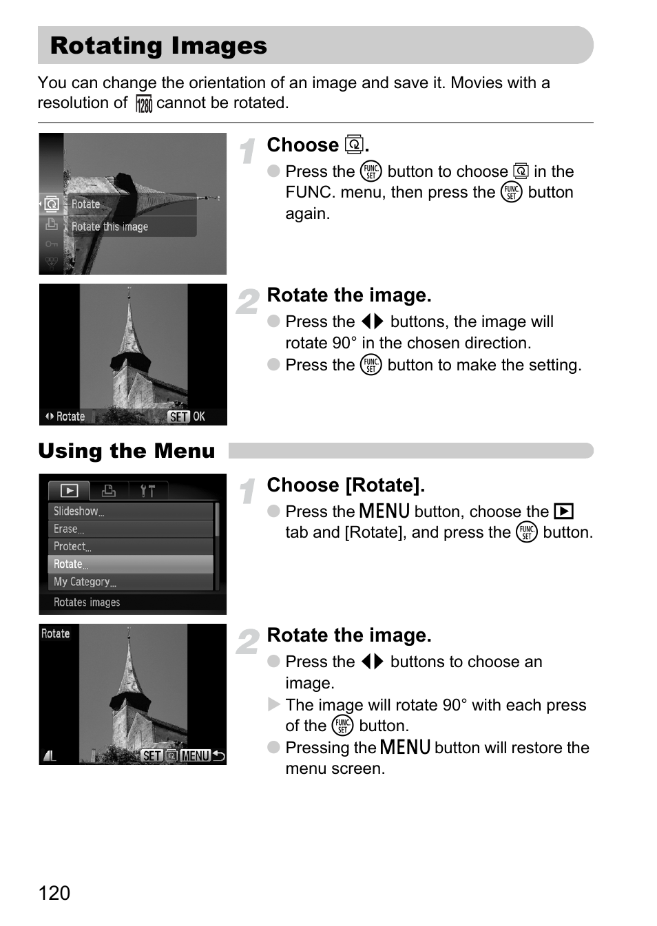 Rotating images, Ages, P. 120) | Using the menu, Choose, Rotate the image, Choose [rotate | Canon IXUS 120 IS User Manual | Page 120 / 161