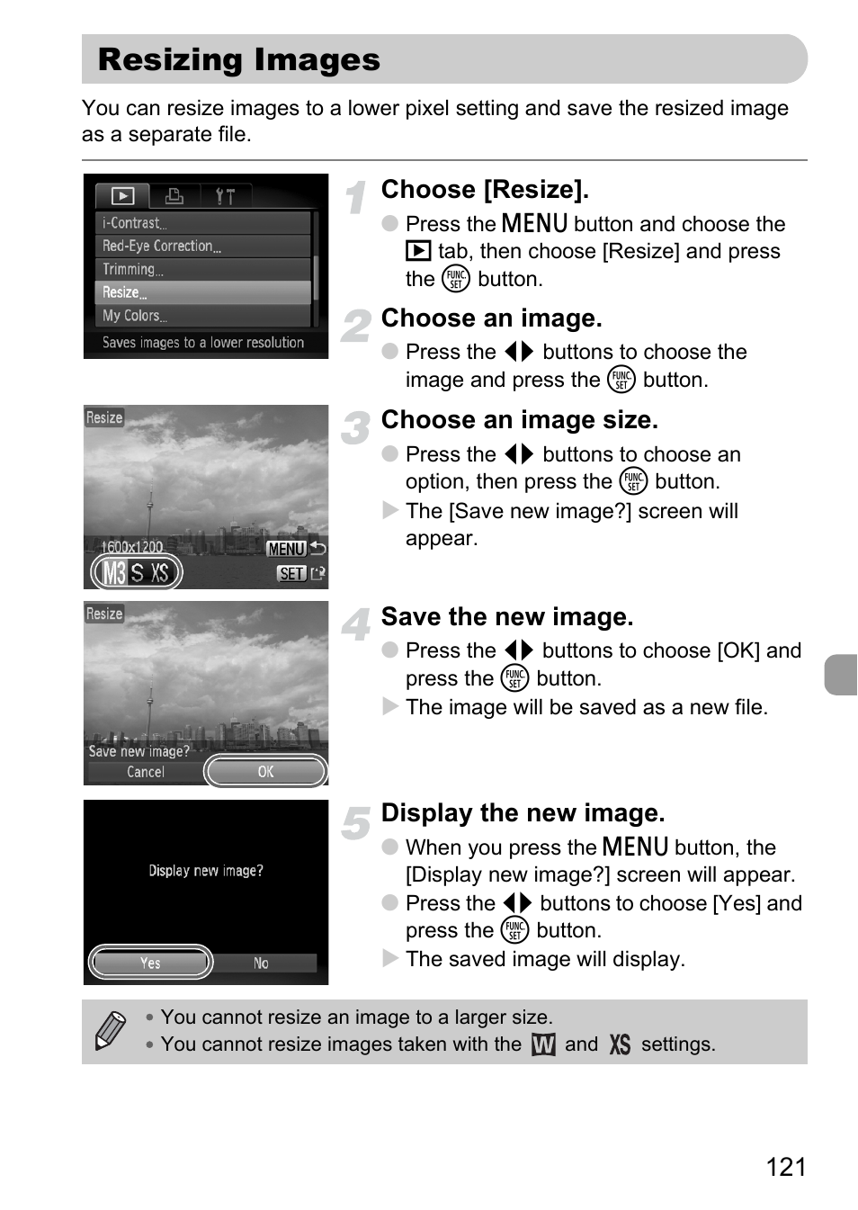 Resizing images, Pp. 121, Choose [resize | Choose an image, Choose an image size, Save the new image, Display the new image | Canon IXUS 120 IS User Manual | Page 121 / 161