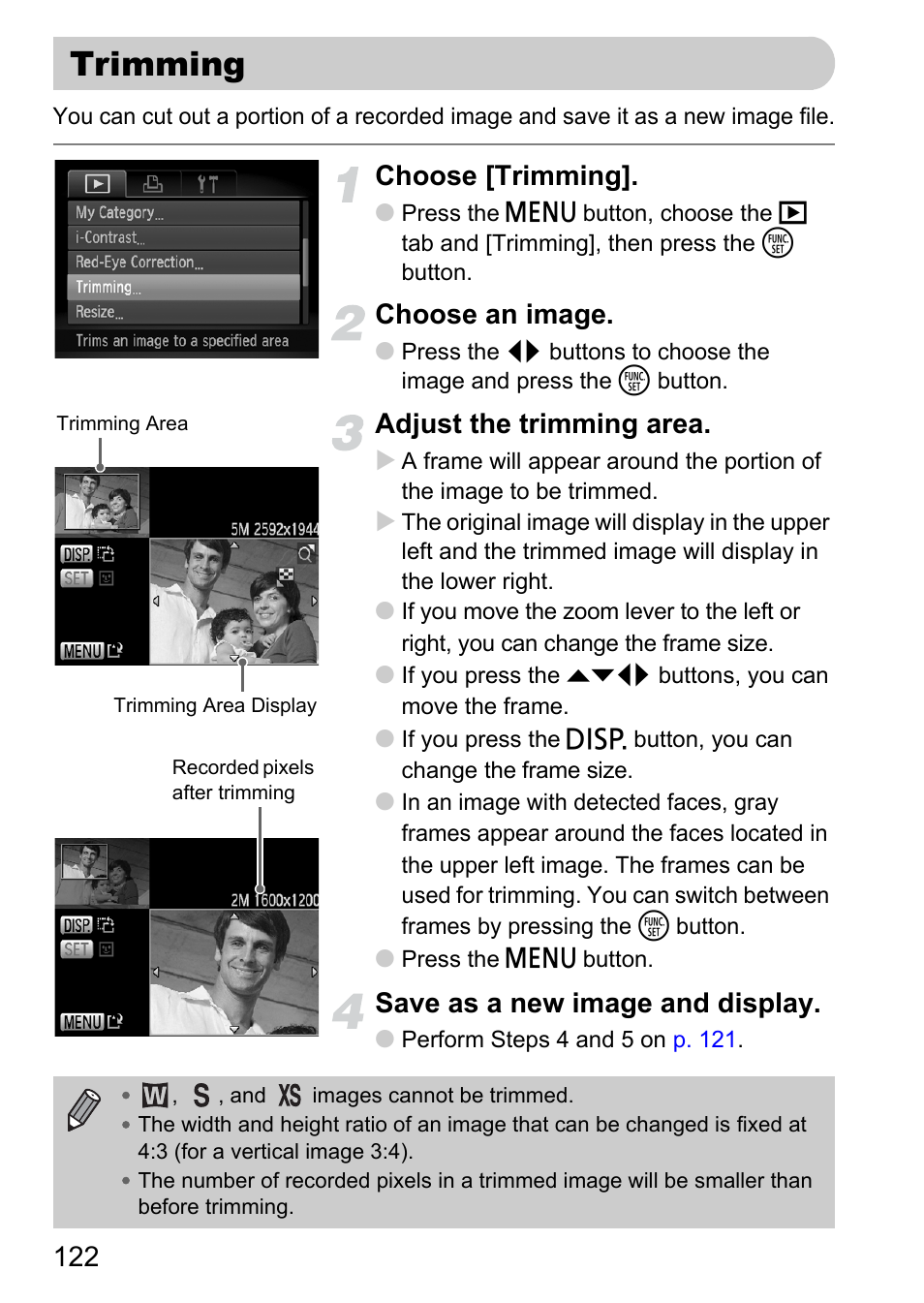Trimming, Choose [trimming, Choose an image | Adjust the trimming area, Save as a new image and display | Canon IXUS 120 IS User Manual | Page 122 / 161