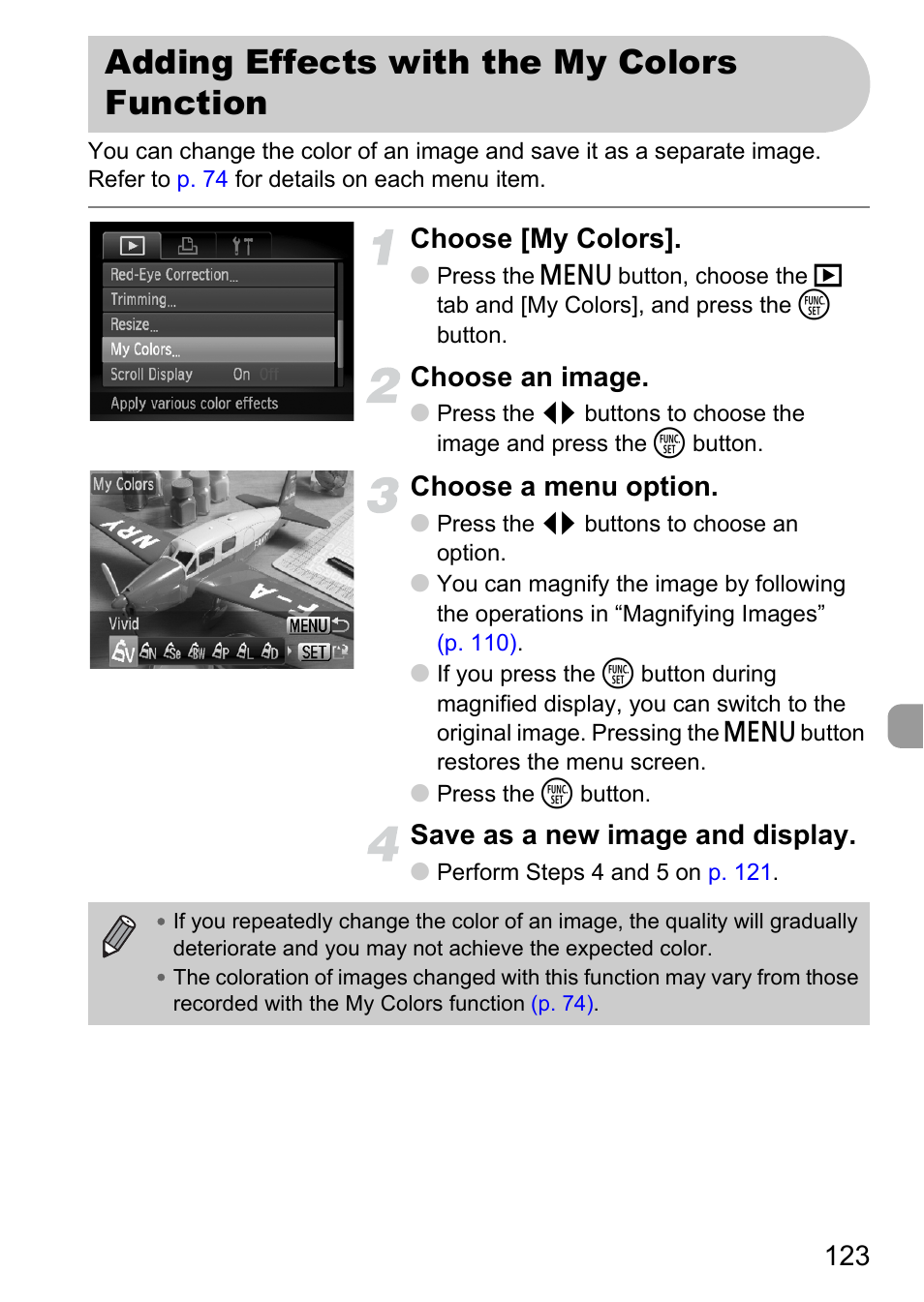 Adding effects with the my colors function, Adding effects, With the my colors function | Choose [my colors, Choose an image, Choose a menu option, Save as a new image and display | Canon IXUS 120 IS User Manual | Page 123 / 161