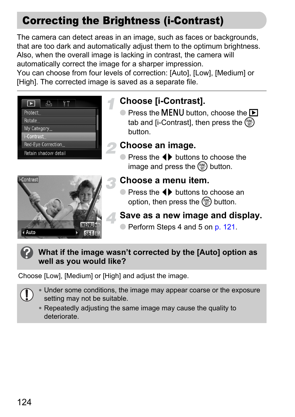 Correcting the brightness (i-contrast), Correcting the brightness, I-contrast) | P. 124), Choose [i-contrast, Choose an image, Choose a menu item, Save as a new image and display | Canon IXUS 120 IS User Manual | Page 124 / 161