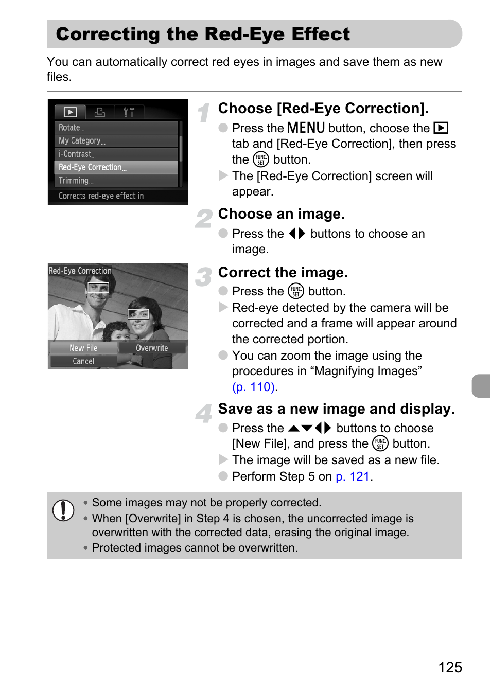 Correcting the red-eye effect, P. 125), Choose [red-eye correction | Choose an image, Correct the image, Save as a new image and display | Canon IXUS 120 IS User Manual | Page 125 / 161