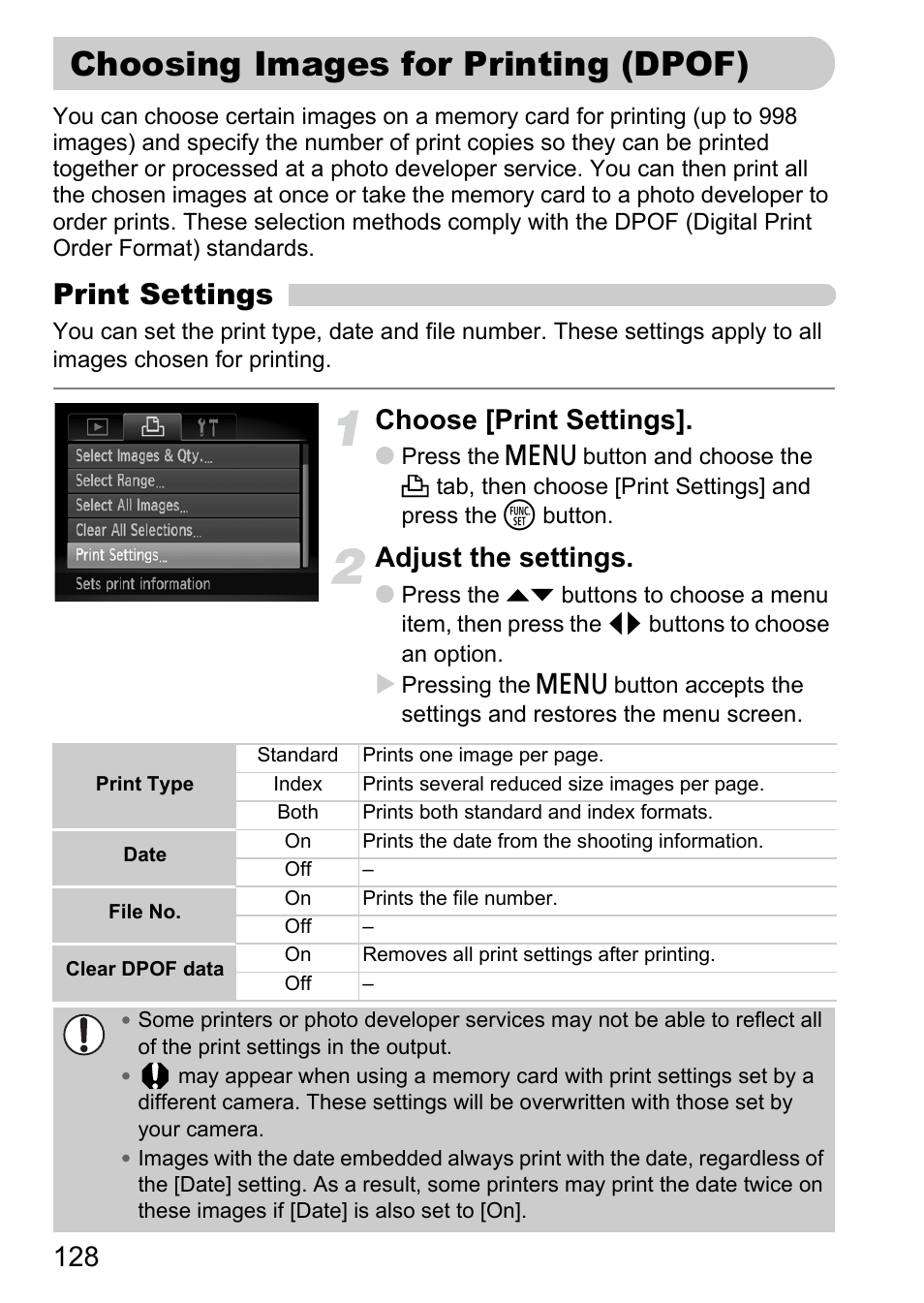 Choosing images for printing (dpof), Choosing images for printing, Dpof) | P. 128), Print settings, Choose [print settings, Adjust the settings | Canon IXUS 120 IS User Manual | Page 128 / 161