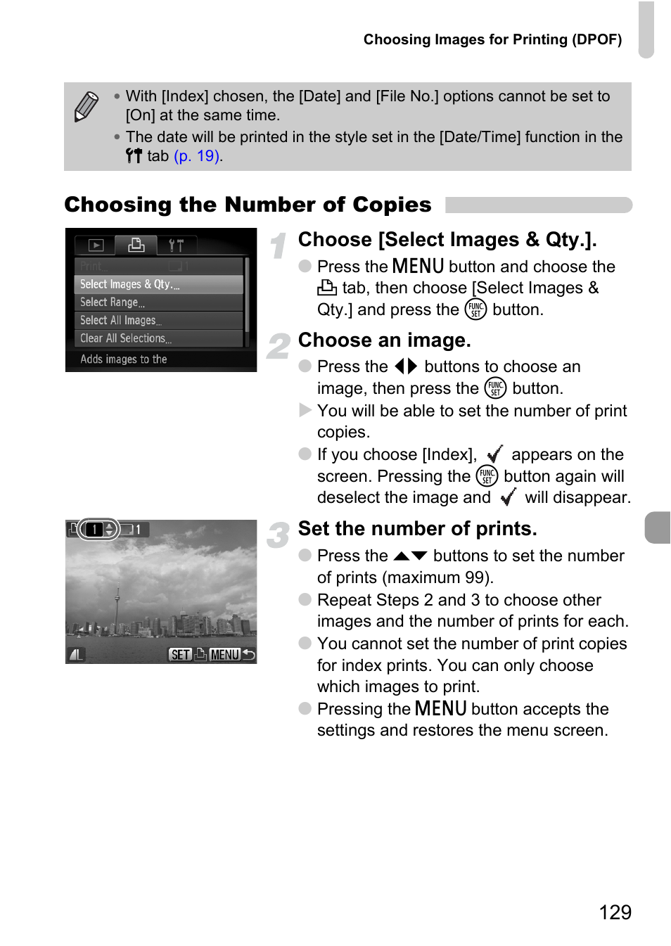 Choosing the number of copies, Choose [select images & qty, Choose an image | Set the number of prints | Canon IXUS 120 IS User Manual | Page 129 / 161