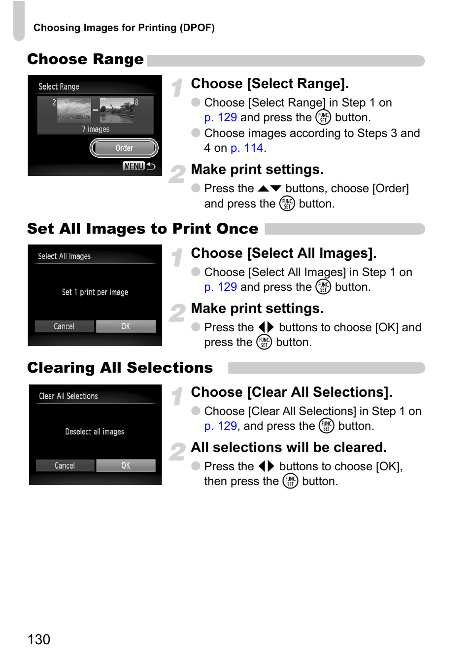 Choose range, Set all images to print once, Clearing all selections | Choose [select range, Make print settings, Choose [select all images, Choose [clear all selections, All selections will be cleared | Canon IXUS 120 IS User Manual | Page 130 / 161